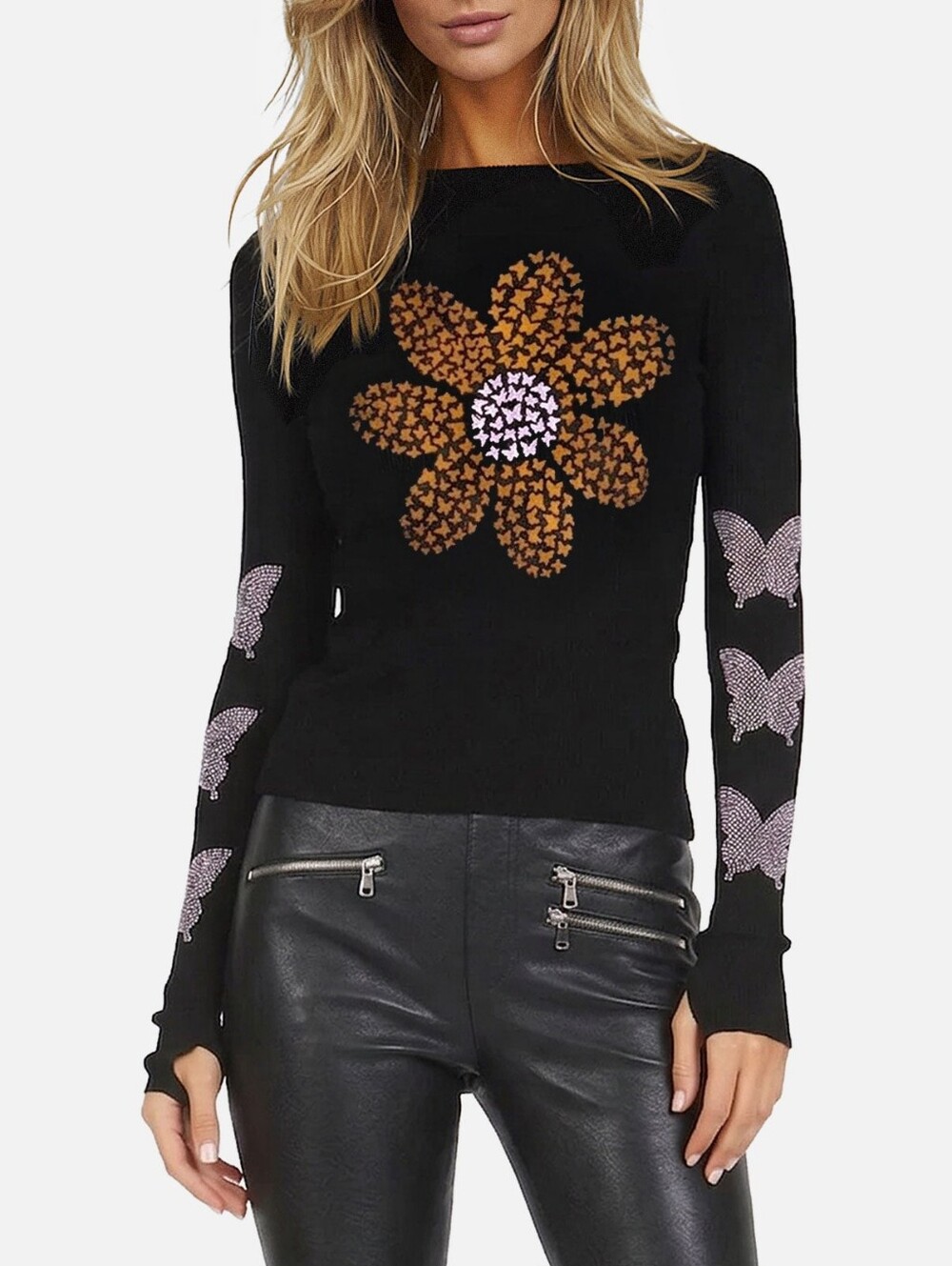 Lauren Moshi MCKINLEY X BUTTERFLY DAISY Thermal Graphic Top Black Size Small